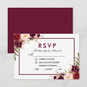 Bordeauxrode bloemige trouwmaaltijd RSVP-achtergro RSVP Kaartje