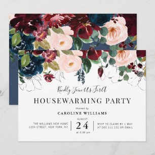 bordeauxrode bloesem housewarming party kaart