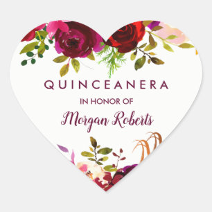 Bordeauxrode Boho bloemrijke Quinceanera Hart Sticker