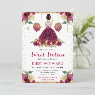 Bordeauxrode jurk bruin haar prinses Sweet 16 Kaart