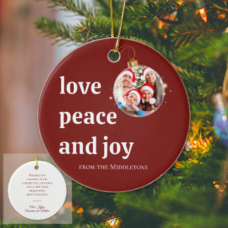 Bordeauxrode Kerst Familie Foto Liefde Vrede Vreug Keramisch Ornament
