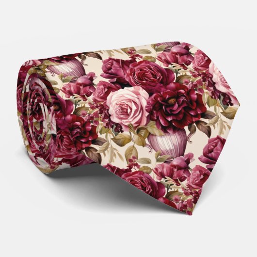 Bordeauxrode Rozen Blosende Roze Aquarel Bloemen Stropdas (Opgerold)