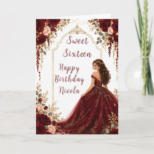 Bordeauxrode rozen Sweet Sixteen gouden feest Kaart