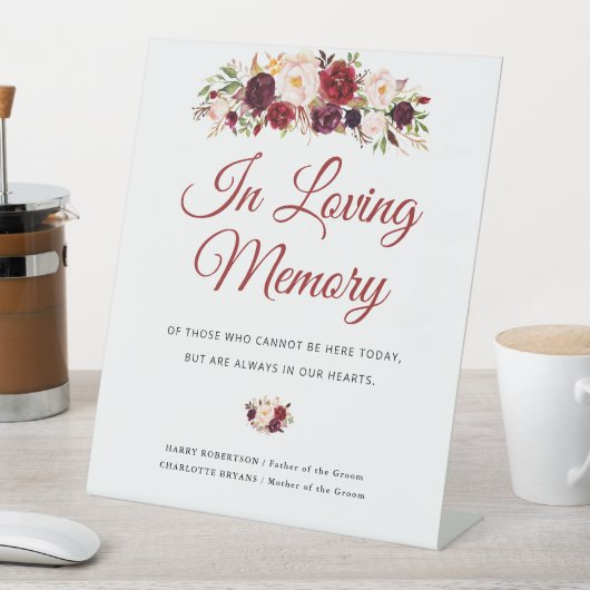 bordeauxrood blos bloemenbruiloft gedenkteken reclamebord met voetstuk (Insitu)