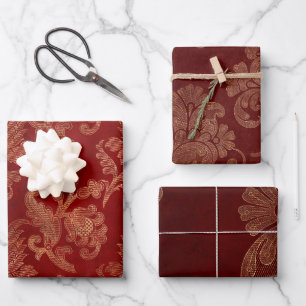 Bordeauxrood en goud damast Kerstmis Inpakpapier Vel