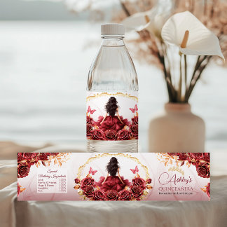 Bordeauxrood en gouden bloemrozen waterfles etiket