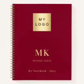 Bordeauxrood gouden monogram initiaal zakelijk notitieboek (Voorkant)