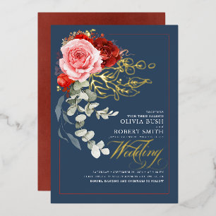Bordeauxrood Roze Bloemen Boho Marineblauw Bruilof Folie Uitnodiging