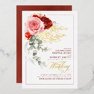 Bordeauxrood Roze Bloemen Eucalyptus Boho Trouwen Folie Uitnodiging