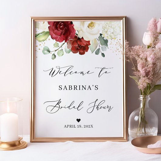 Bordeauxrood Witte Roos Bloemrijke Bruiloft Aankon Poster