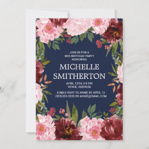 Bordeauxroze bloemen Navyblauw 90ste verjaardag Kaart