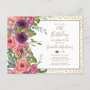 Bordeauxroze bloemengoud glitters 21e verjaardag uitnodiging briefkaart
