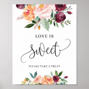 Bordeauxroze oranje bloemige liefde is zoete bord poster