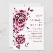 Bordeauxroze pioenbloemen bruiloft kaart (Voorkant)