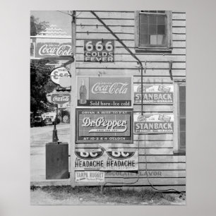 Borden op een algemene winkel, 1938. Antieke foto Poster
