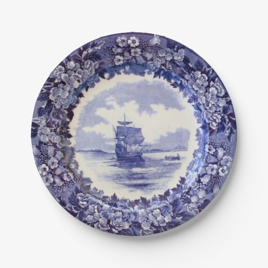 Borden van pelgrimpapier: Wedgwood Mayflower 7 cen Papieren Bordje (Voorkant)