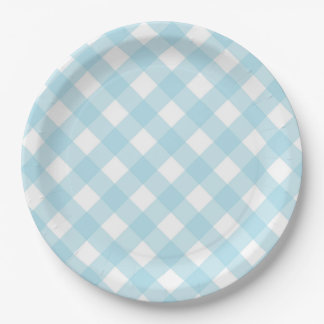 Borden voor blauw en wit gingham geplakt papier papieren bordje