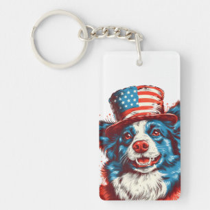 Border colie met een Amerikaanse vlag pet Sleutelhanger