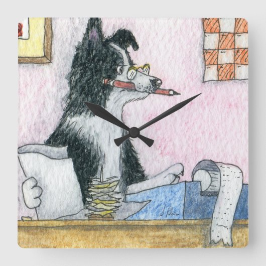 Border Collie Accountant Vierkante Klok (Voorkant)
