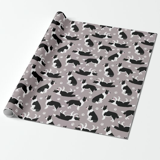 Border Collie and Paw Print Wrapping Paper Cadeaupapier (Uitgerold)
