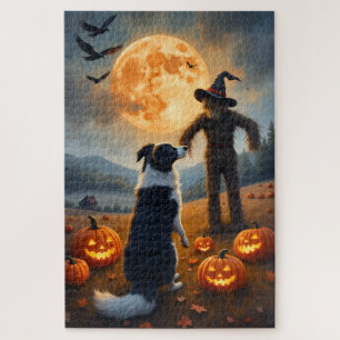 Border Collie Behekste Pompoenveld Halloween Kunst Legpuzzel