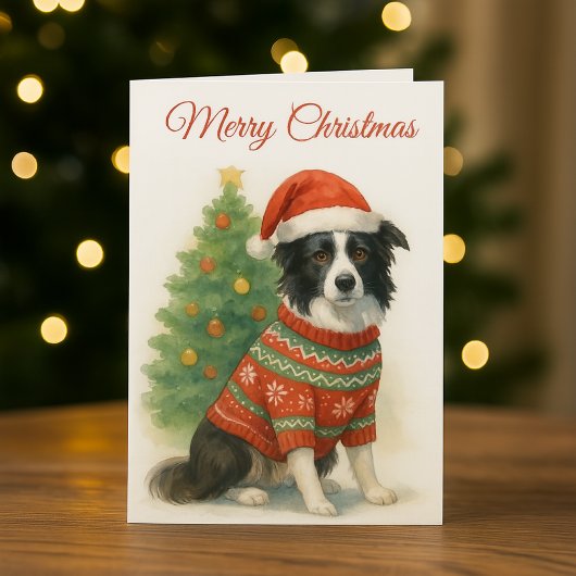 Border Collie Christmas Santa Hat & Tree Feestdagen Kaart