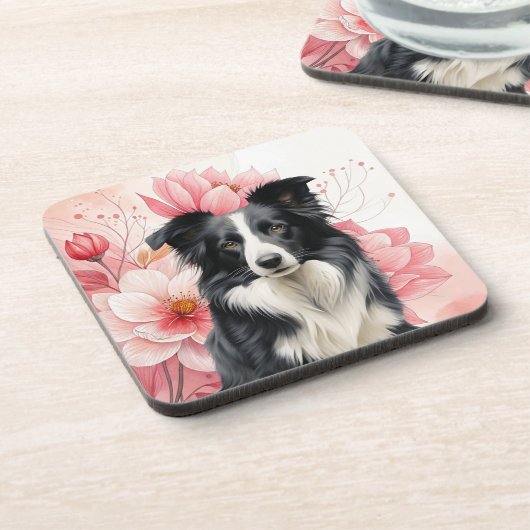 Border Collie Dog and Bold Pink Lilies Bier Onderzetter (Linkerzijde)