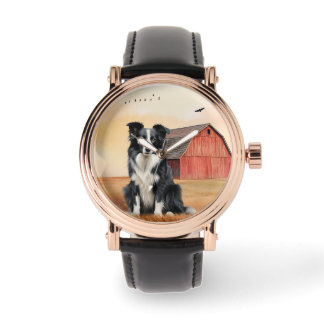 Border Collie Dog and Red Barn Ranch Horloge
