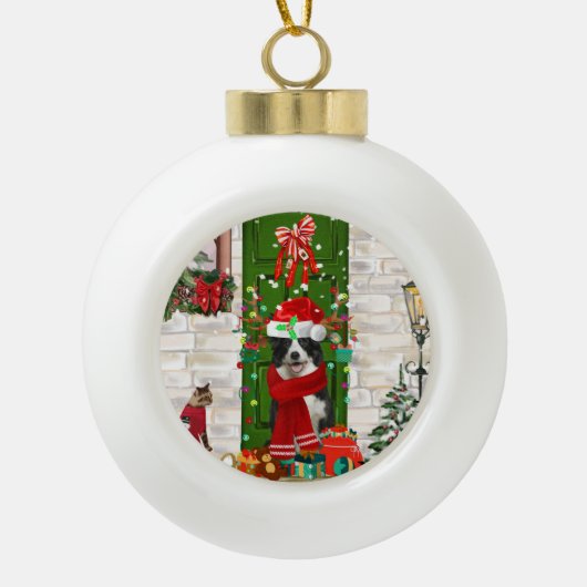 Border Collie Dog Christmas    Keramische Bal Ornament (Voorkant)