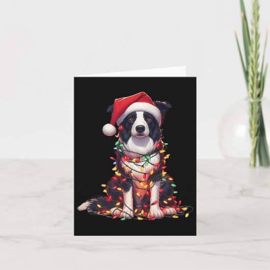 Border Collie Dog Christmas Lights Santa Hat Dog L Kaart (Voorkant)