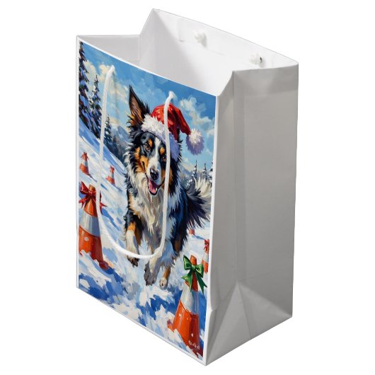 Border Collie Dog Christmas Snow Agility Fun Medium Cadeauzakje (Voorkant Gekanteld)