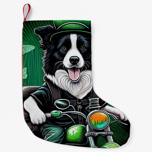 Border Collie Dog Driving Bike St. Patrick's Day Kleine Kerstsok (Voorkant)