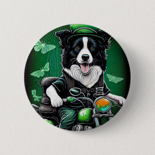 Border Collie Dog Driving Bike St. Patrick's Day Ronde Button 5,7 Cm