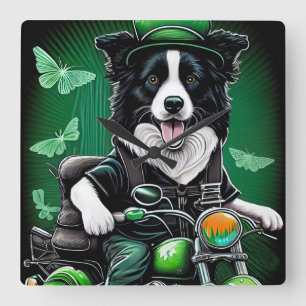 Border Collie Dog Driving Bike St. Patrick's Day Vierkante Klok