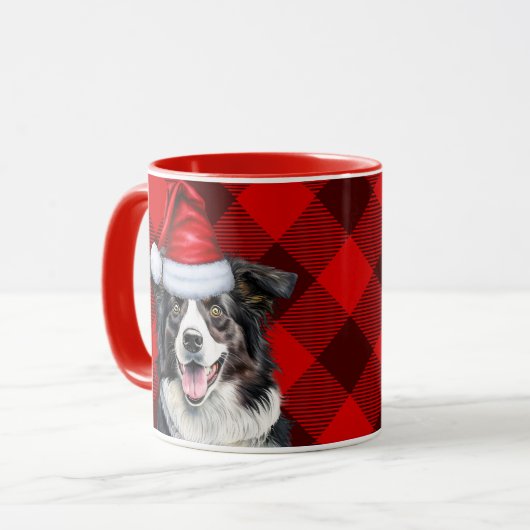 Border Collie Dog Red Buffalo Plaid Kerstmis Mok (Voorkant links)