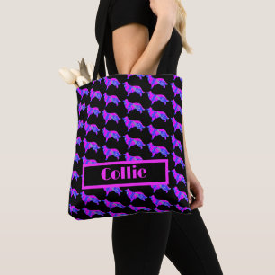 Border Collie Dog Roze Blauw Silhouet Monogram Draagtas