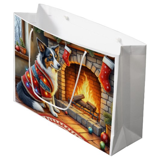 Border Collie Fireplace with Christmas Lights Groot Cadeauzakje (Voorkant Gekanteld)