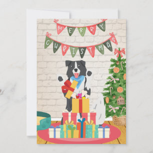 Border Collie Geeft Botten Hond Kerstcadeau Feestdagenkaart