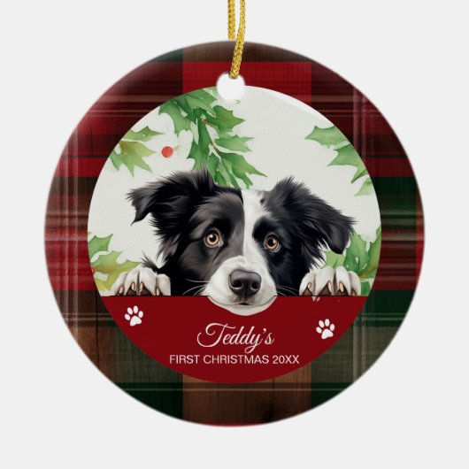 Border Collie gepersonaliseerde eerste kerst Keramisch Ornament (Voorkant)