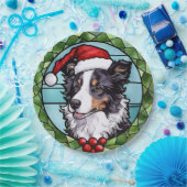 Border Collie Glas in lood Kerst Papieren Bordje (Feest)