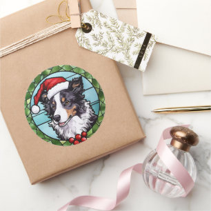Border Collie Glas in lood Kerst Ronde Sticker