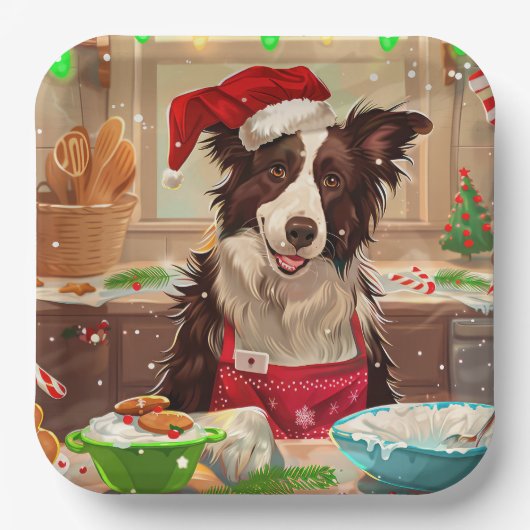 Border Collie Holiday Baking: Feestelijke Kerst Papieren Bordje (Voorkant)