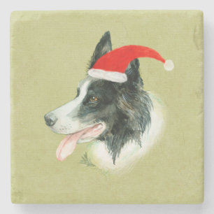 Border Collie Hond Een Kerstmis Kerstman Hoed Stenen Onderzetter