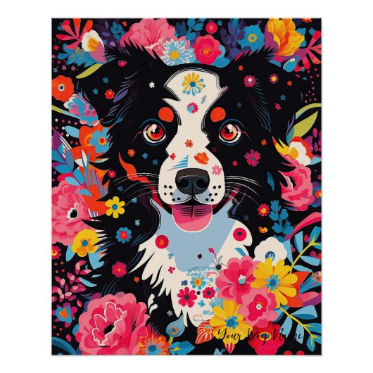 Border Collie Hond en Bloemen 004 - Kleerjuweel Perfect Poster (Voorkant)