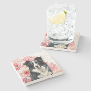 Border Collie-hond en felle roze lelies Stenen Onderzetter