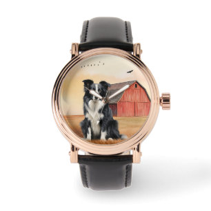 Border Collie-hond en rode schuur boerderij Horloge