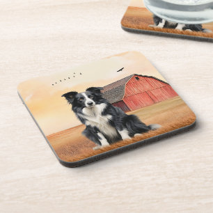 Border Collie-hond en rode schuur ranch Bier Onderzetter