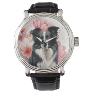 Border Collie-hond en vette roze lelies Horloge