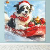 Border Collie Hond in Sledge Laat het Sneeuw Kerst Canvas Afdruk (Insitu (Houten vloer))