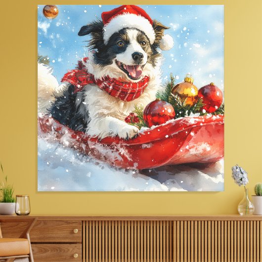 Border Collie Hond in Sledge Laat het Sneeuw Kerst Canvas Afdruk (Insitu (Woonkamer))